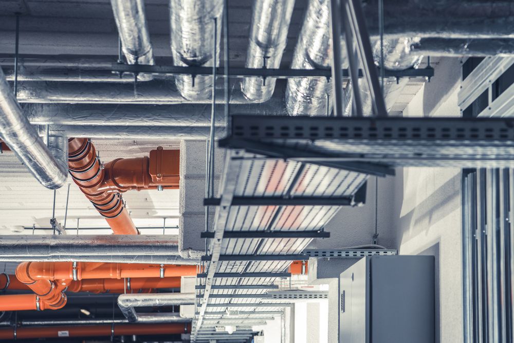 Industrial ceiling with metallic ducts, orange pipes, and metal supports, showcasing a modern infrastructure design.