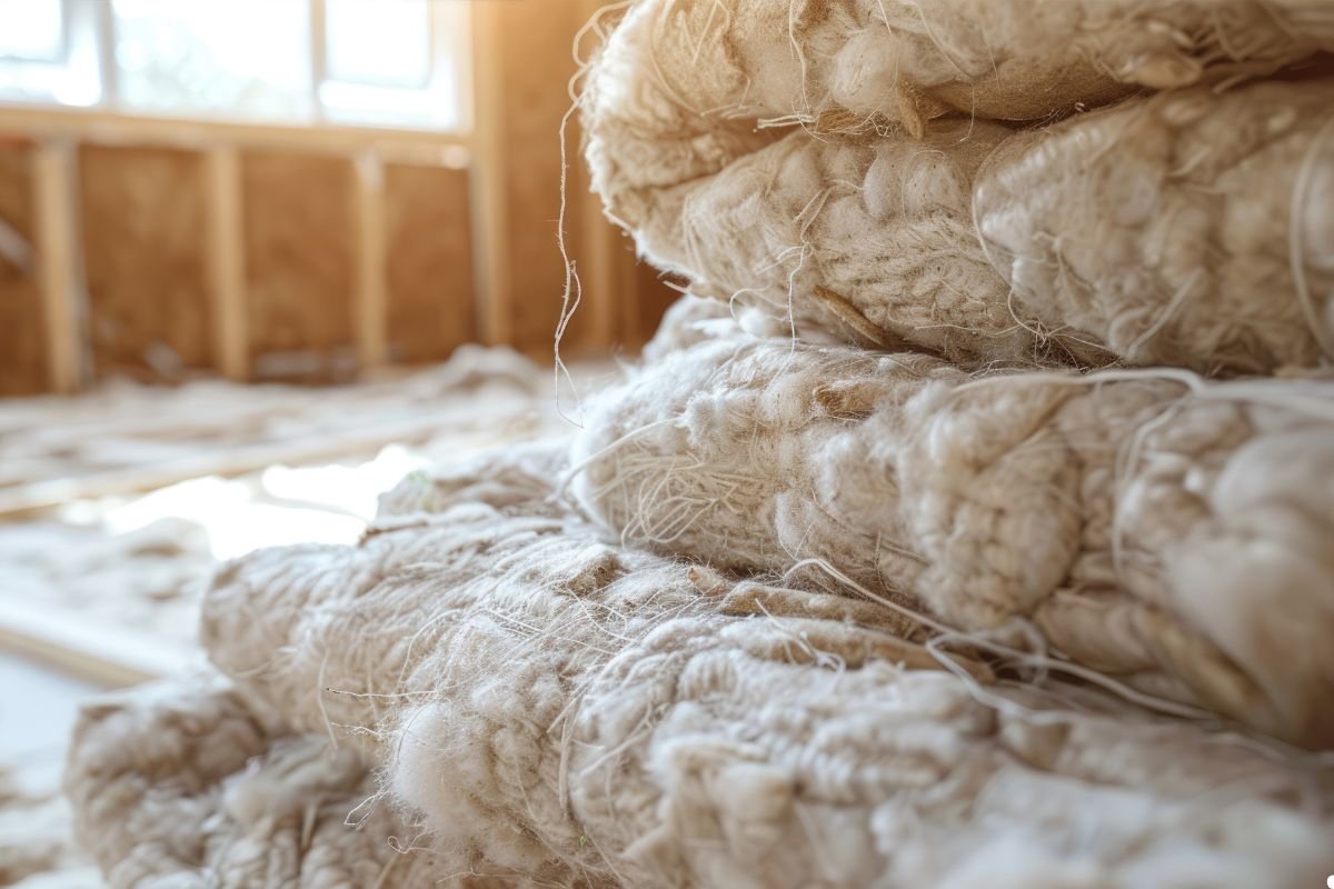 A pile of soft, colorful wool sits on the floor of a cozy room with warm wooden walls. 
